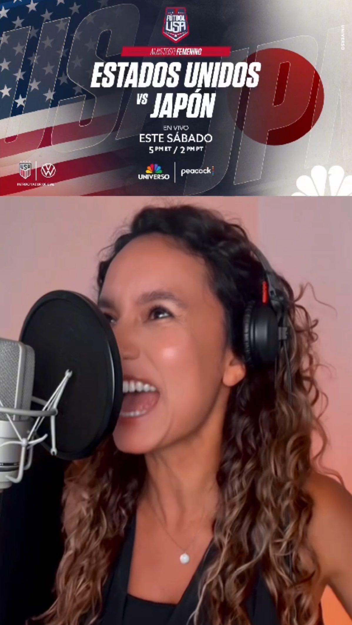 Natalia Rosminati recording sports promos in her studio